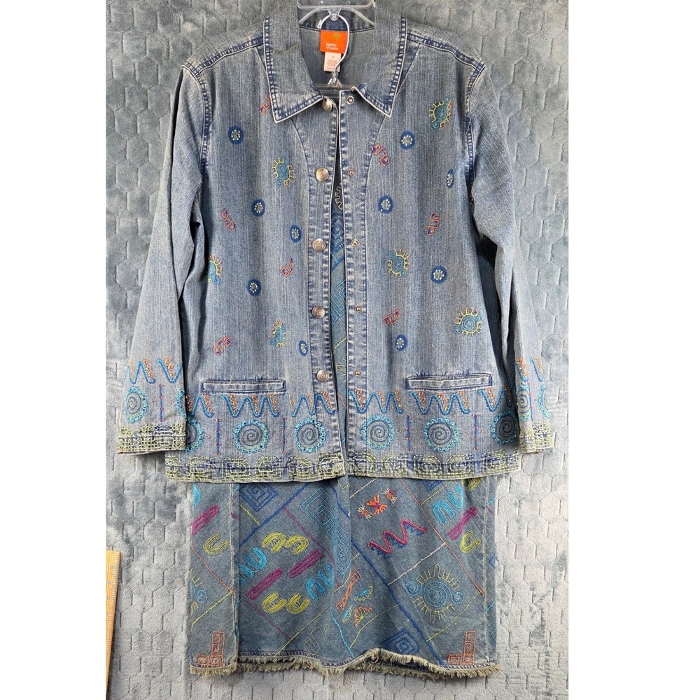 Hearts of Palm Denim Skirt Suit Set‎ Embroidered Beaded Blue 14 Art to Wear Boho